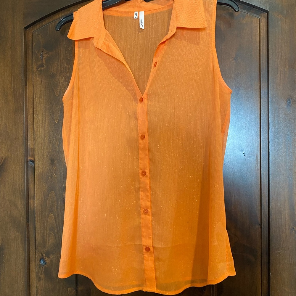 Studio Y Shimmery Orange Buttoned Notched Collar Blouse